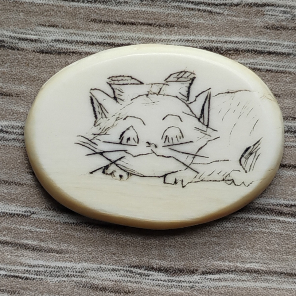 Scrimshaw Art Cabochon Kitty Cat Inscribed Handcrafted By W.E.P. 20mm Long